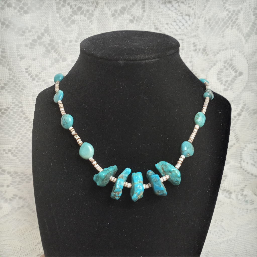 Navajo Turquoise Chunk Nugget Shell Heishi Bead Necklace Vintage Hand Strung